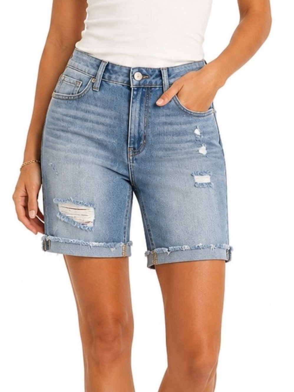 High-Rise Distressed Denim Bermuda Shorts - NWT